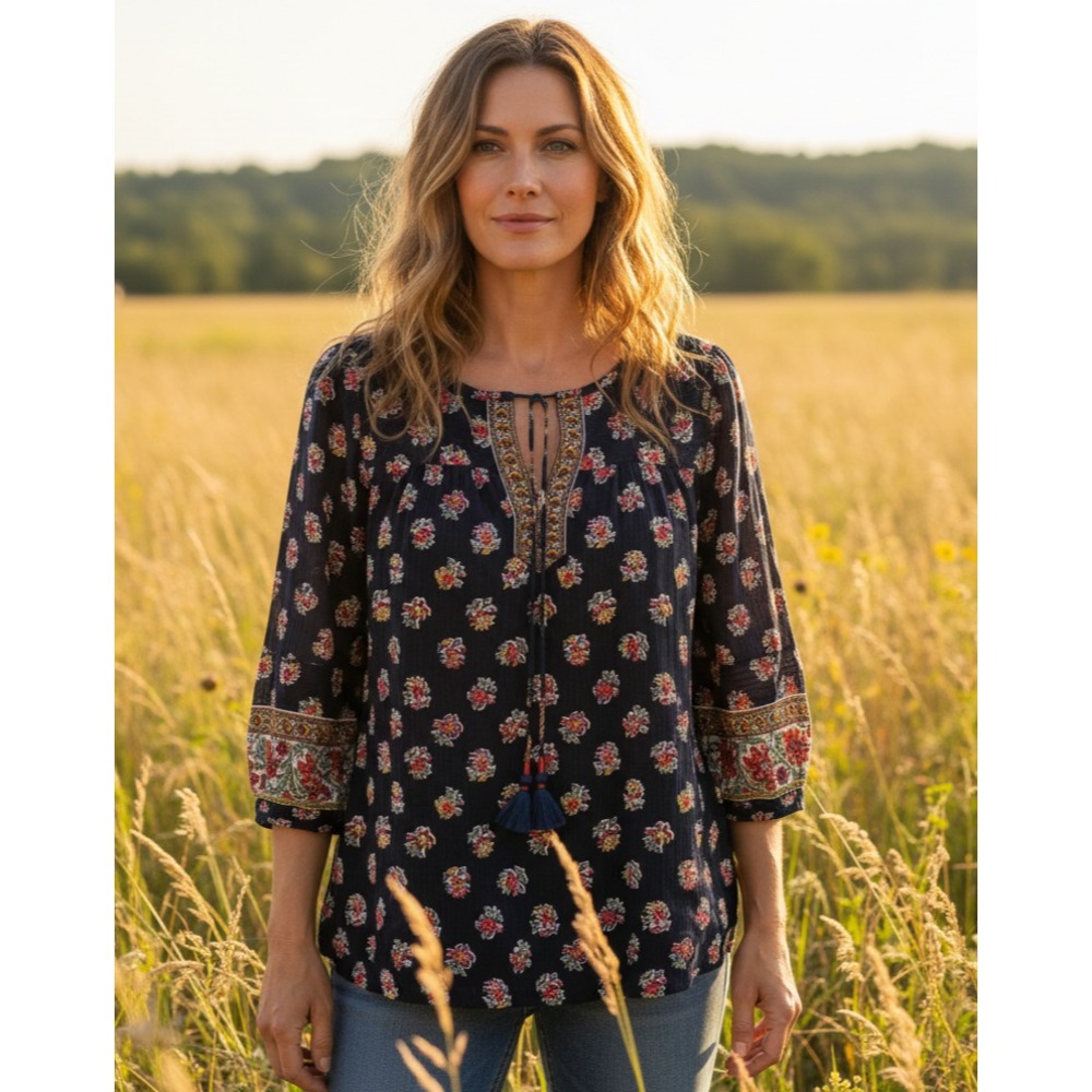 NEW Loft MP Women's Top Blue Floral Tassel Tie Peasant Boho Hippie Artsy Indie